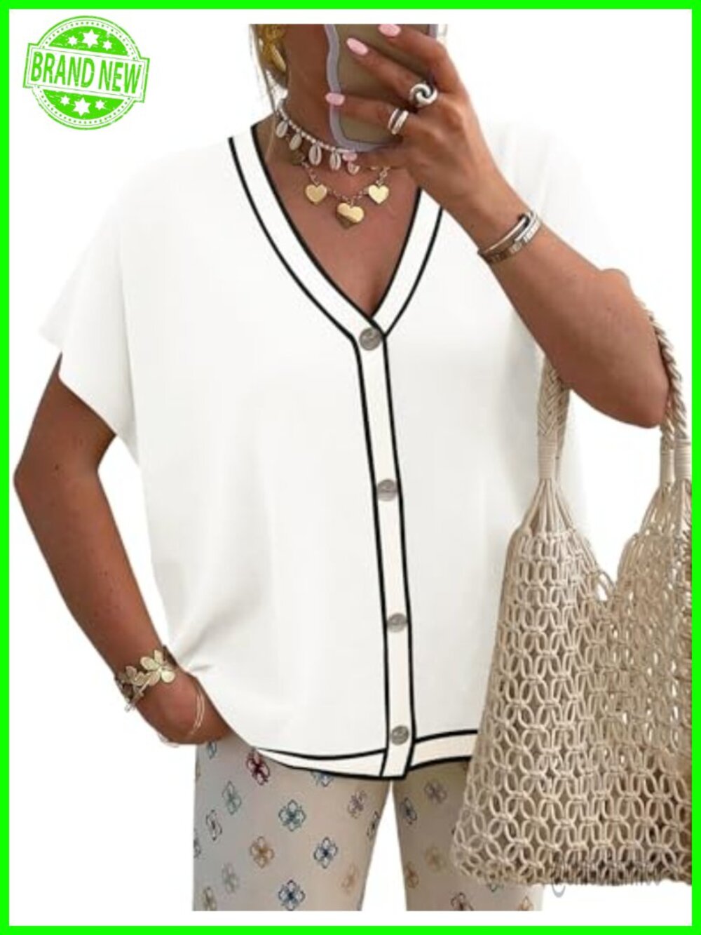 Oversized V-Neck Button Cardigan Short Sleeve Lightweight Knitted Trendy Sweater